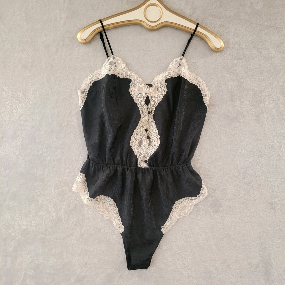 VTG Black Satin Jacquard Lace Teddy Romper High Cut Leg Medium